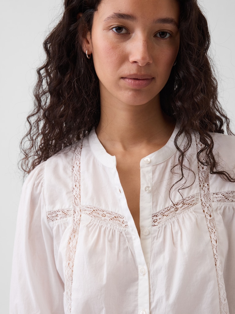 Oversized Lace-Trim Button-Front Swing Top