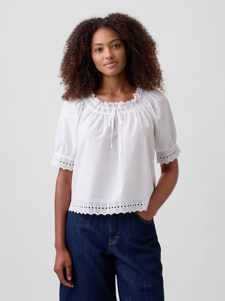 Relaxed Embroidered Tie-Front Top