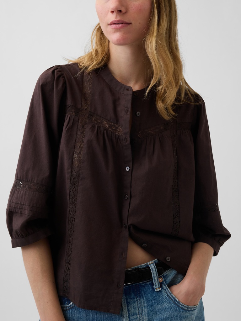 Oversized Lace-Trim Button-Front Swing Top