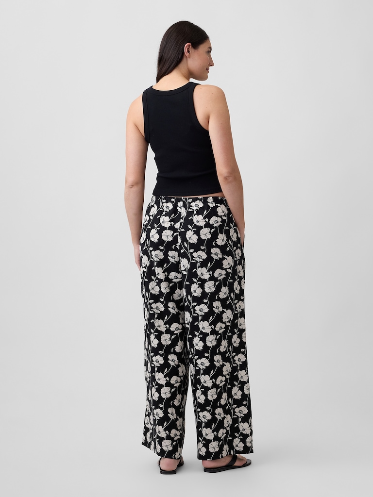 Mid Rise Pull-On Wide-Leg Linen-Blend Pants