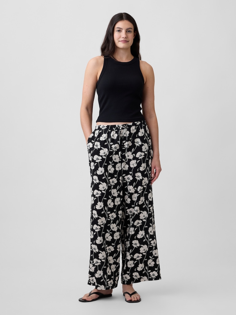 Mid Rise Pull-On Wide-Leg Linen-Blend Pants
