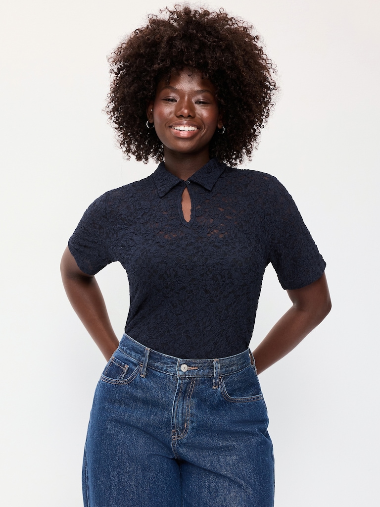 Lace Keyhole Polo Top