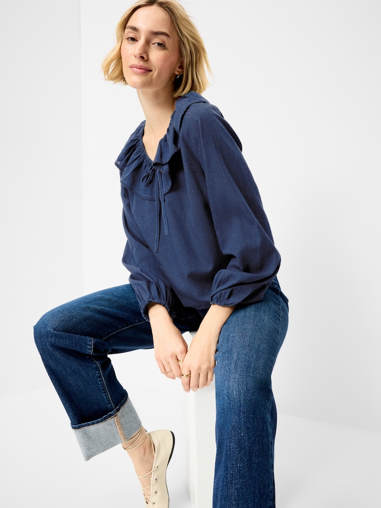 Long-Sleeve Ruffle Tie-Neck Top