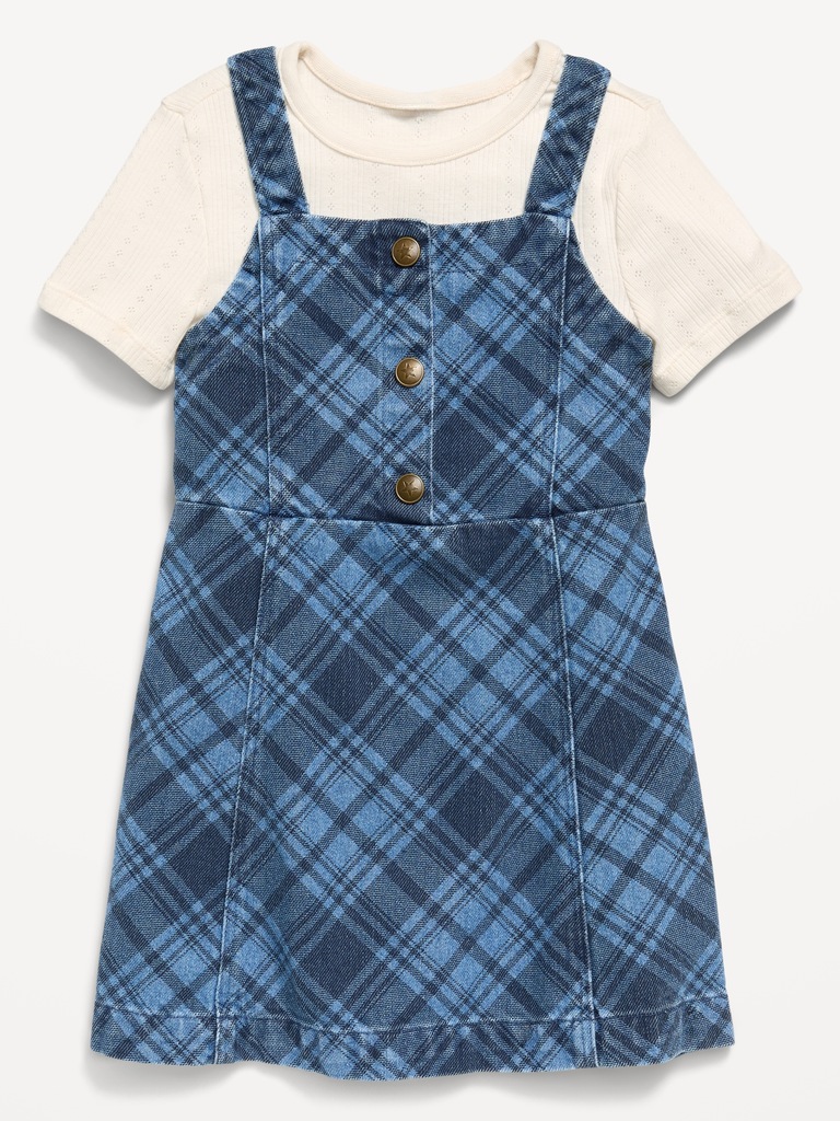 Ensemble robe sans manches en denim à carreaux et t-shirt pour toute-petite