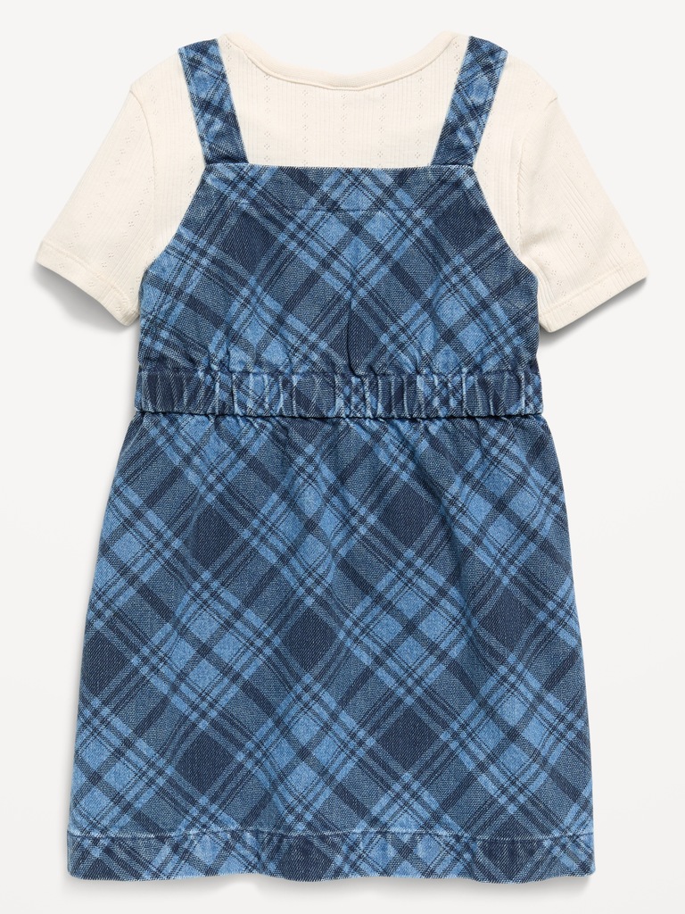 Ensemble robe sans manches en denim à carreaux et t-shirt pour toute-petite