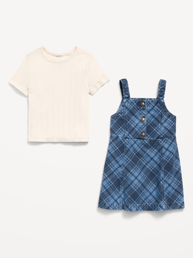 Ensemble robe sans manches en denim à carreaux et t-shirt pour toute-petite