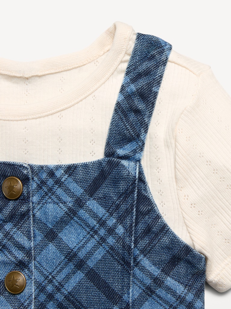 Ensemble robe sans manches en denim à carreaux et t-shirt pour toute-petite