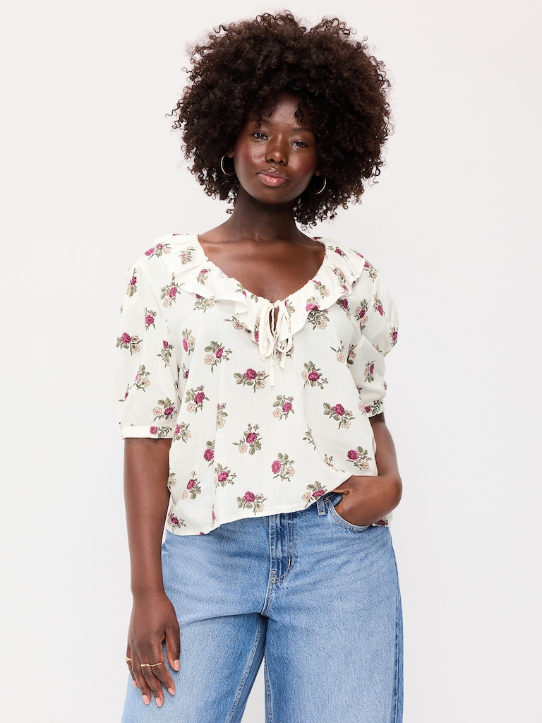 Ruffle Collar Tie-Front Top