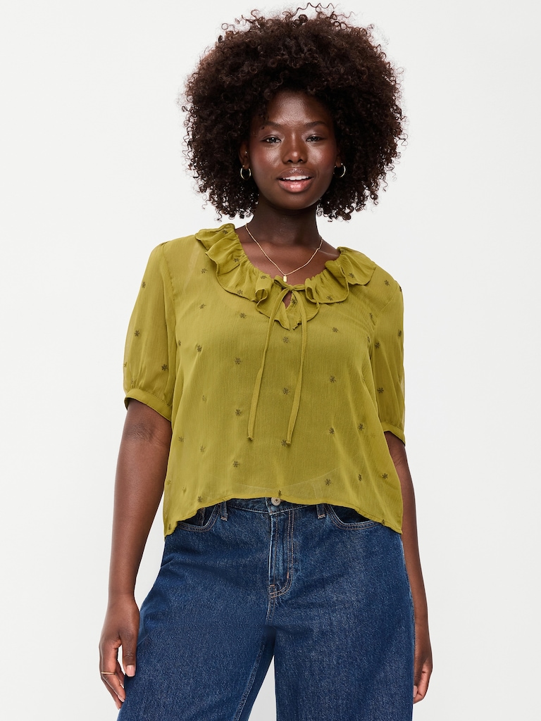 Short-Sleeve Embroidered Chiffon Top