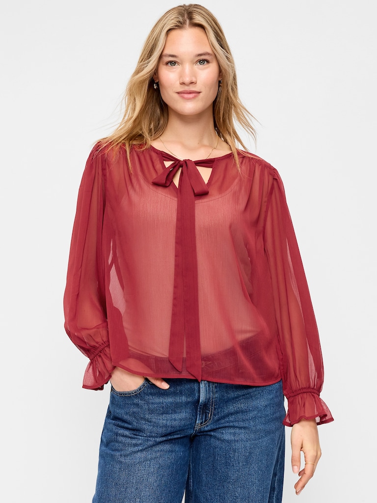 Long-Sleeve Chiffon Tie-Front Top