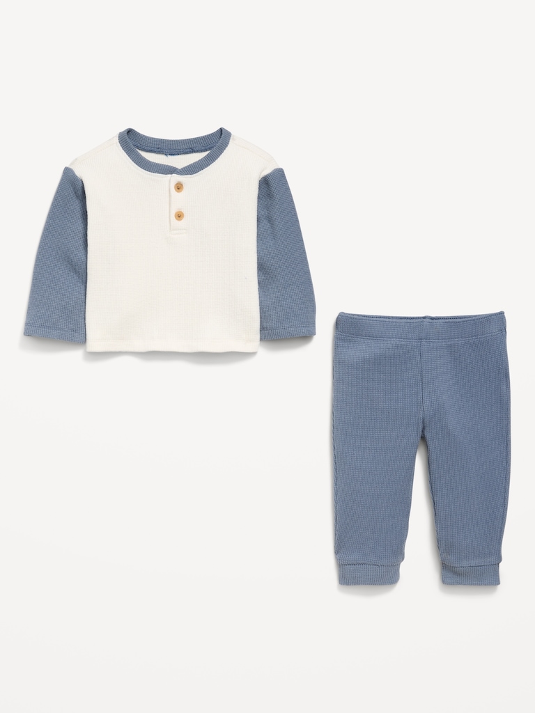 Long-Sleeve Waffle-Knit Henley Top and Pants Set for Baby