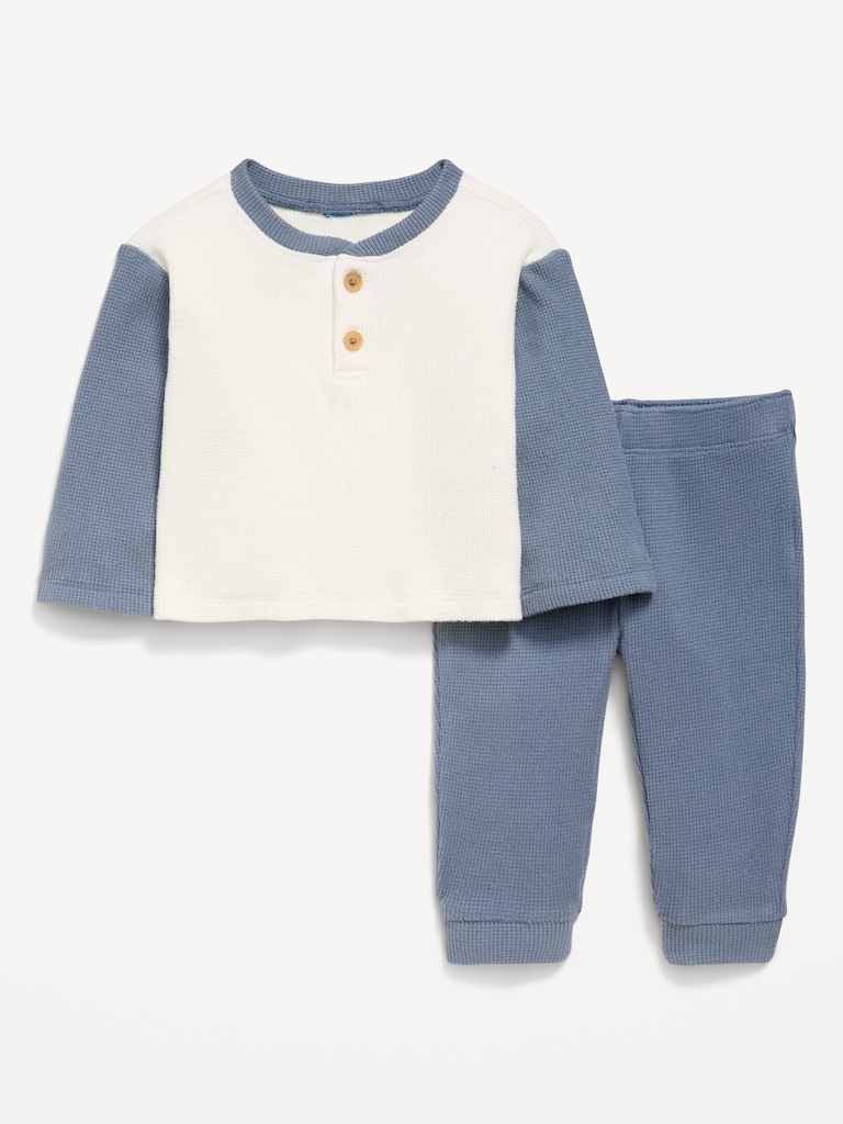 Long-Sleeve Waffle-Knit Henley Top and Pants Set for Baby