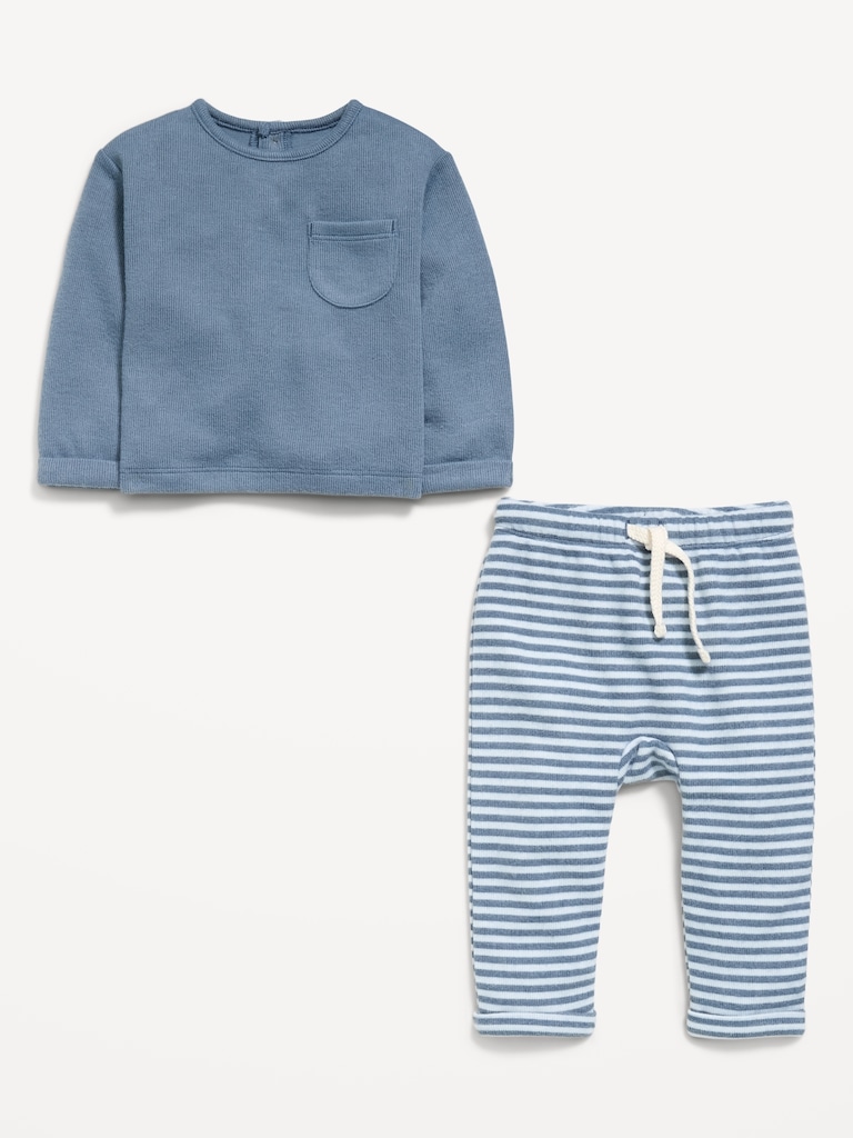Long-Sleeve Ribbed Pocket T-Shirt and Pants Set for Baby