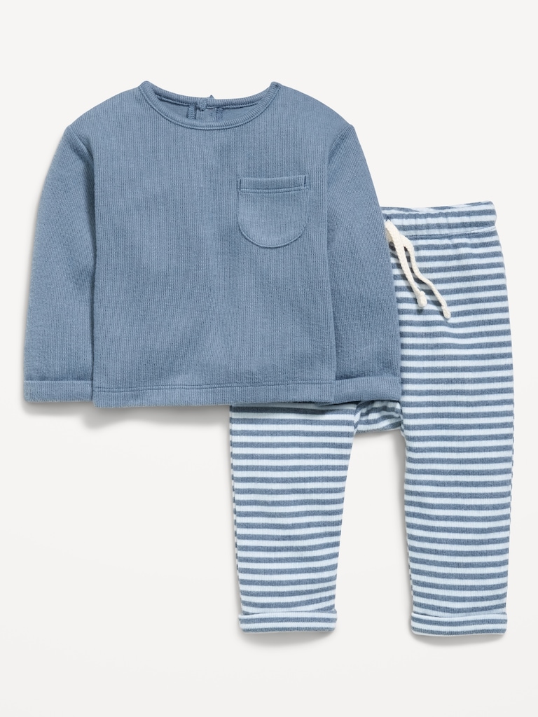 Long-Sleeve Ribbed Pocket T-Shirt and Pants Set for Baby