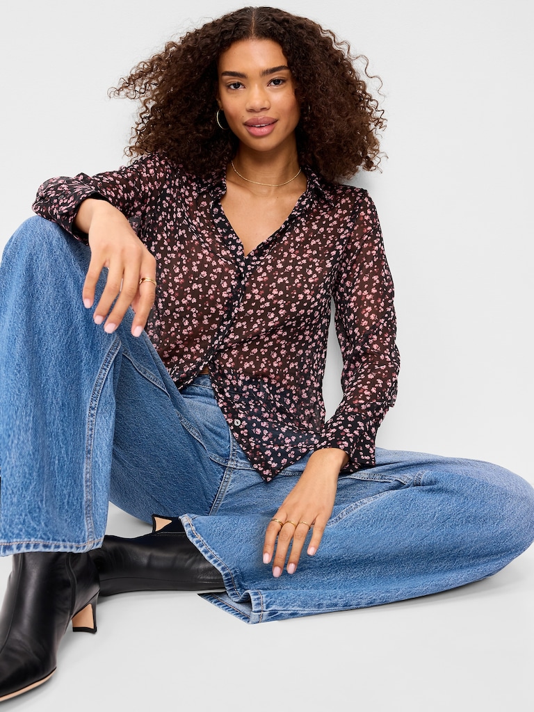 Airy Long-Sleeve Button-Down Top