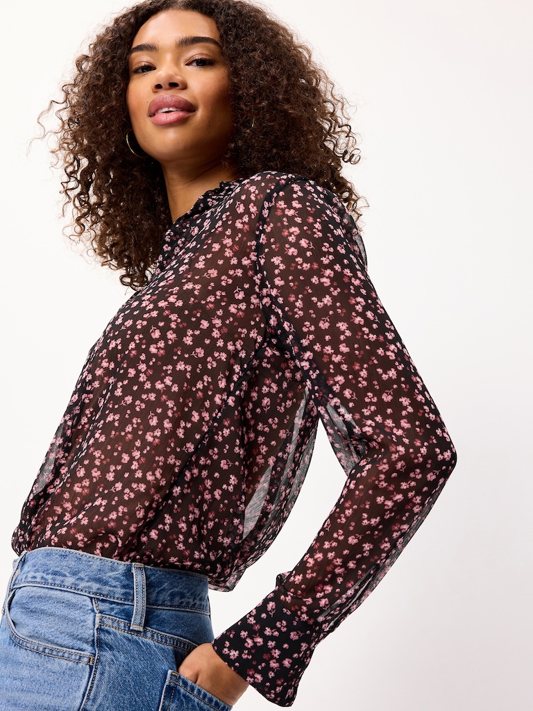 Airy Long-Sleeve Button-Down Top