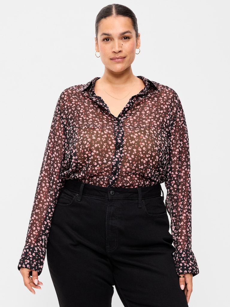 Airy Long-Sleeve Button-Down Top