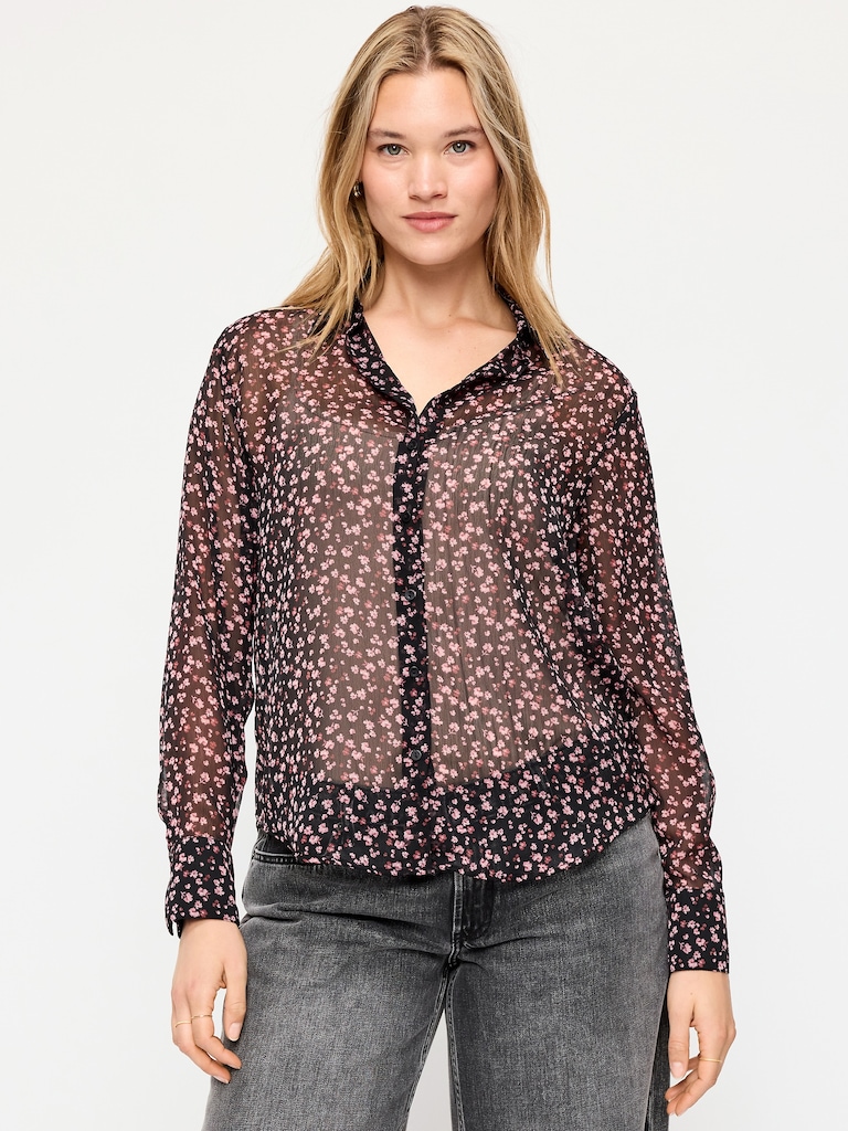 Airy Long-Sleeve Button-Down Top