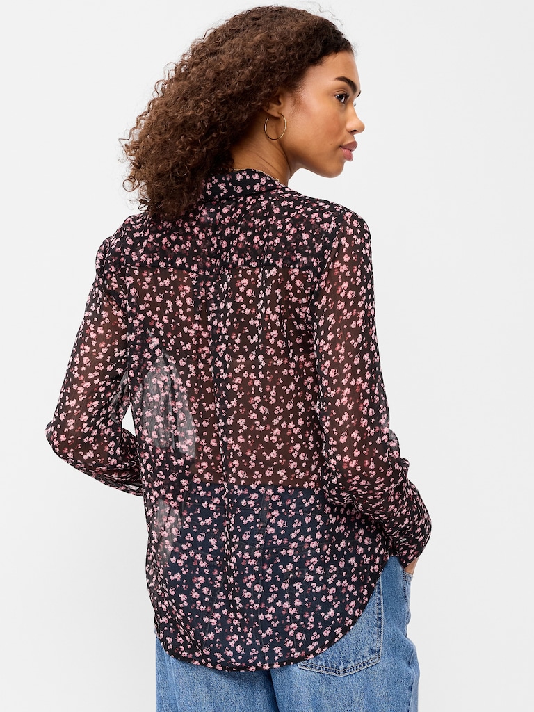 Airy Long-Sleeve Button-Down Top