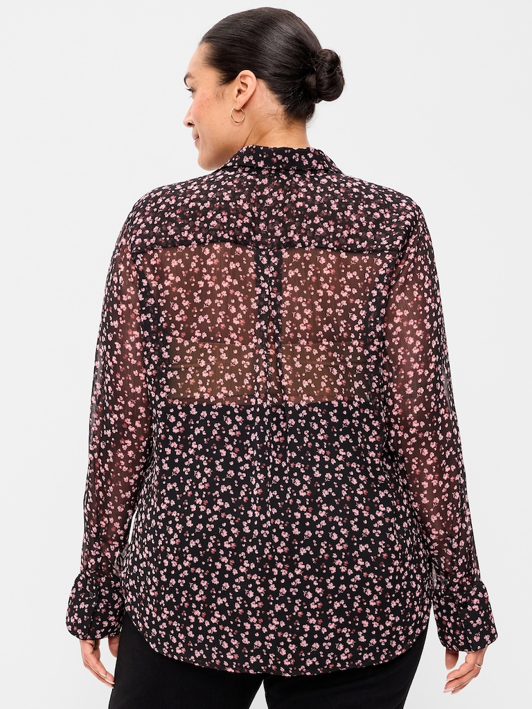 Airy Long-Sleeve Button-Down Top