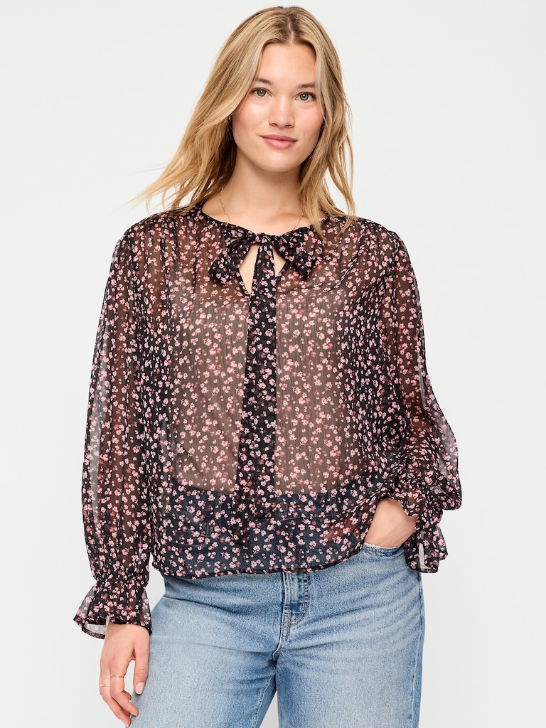 Chiffon Semi-Sheer Tie-Front Top