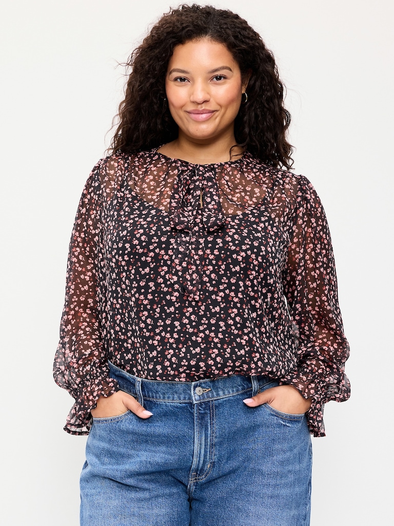 Chiffon Semi-Sheer Tie-Front Top
