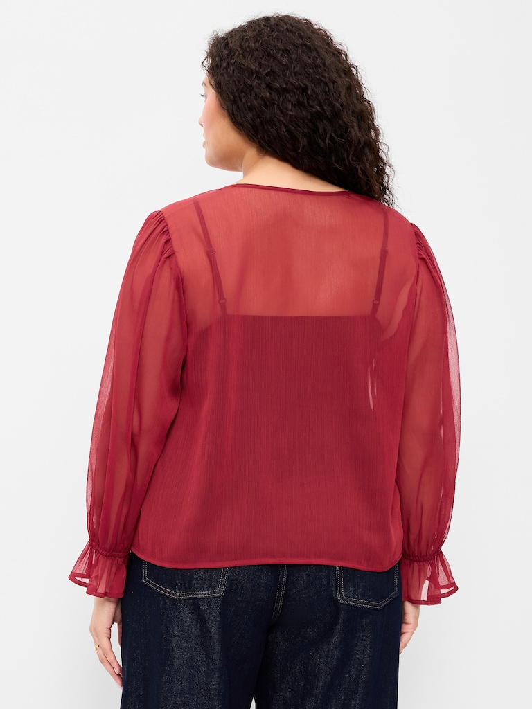 Long-Sleeve Chiffon Tie-Front Top