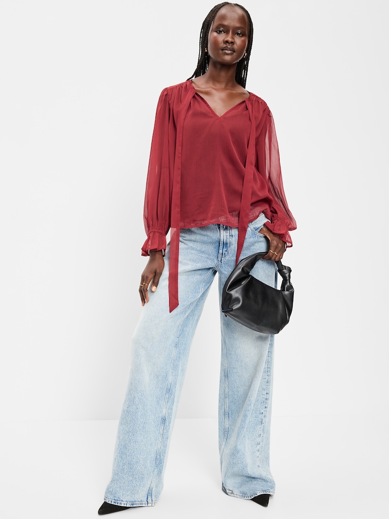 Long-Sleeve Chiffon Tie-Front Top