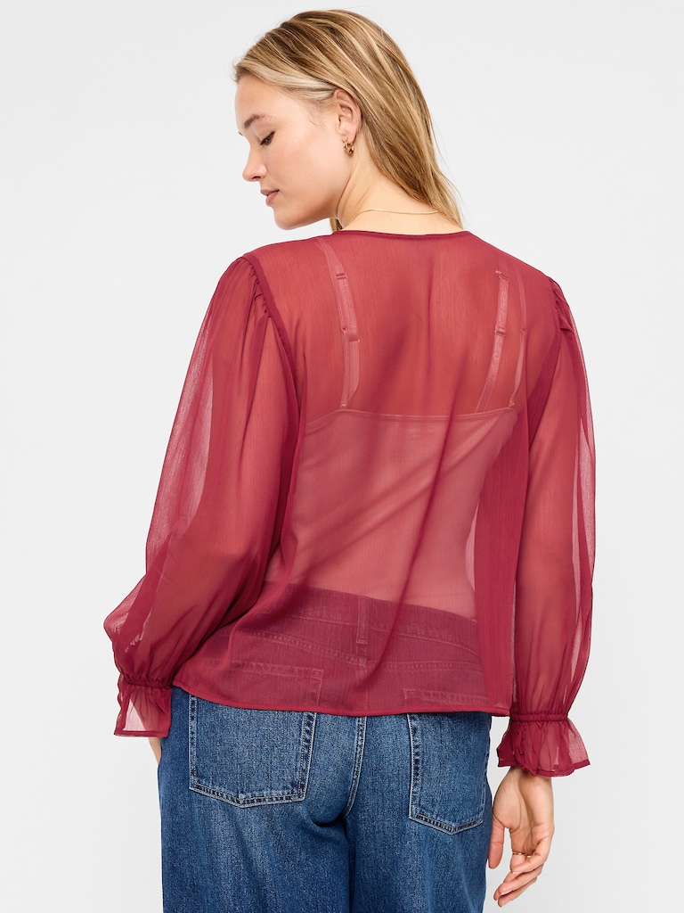 Long-Sleeve Chiffon Tie-Front Top
