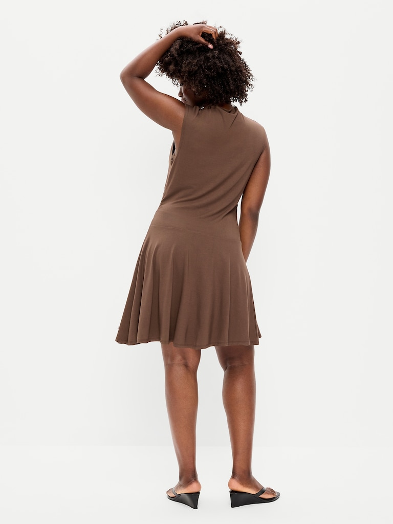 Gathered Mock-Neck Drop-Waist Mini Dress