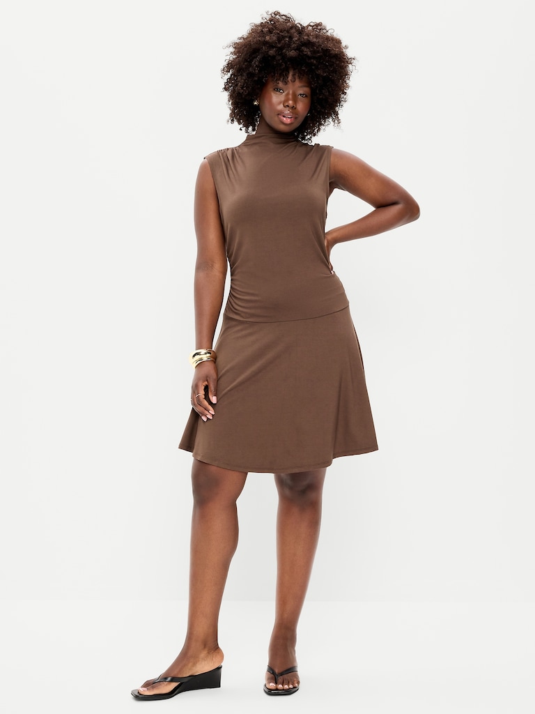 Gathered Mock-Neck Drop-Waist Mini Dress