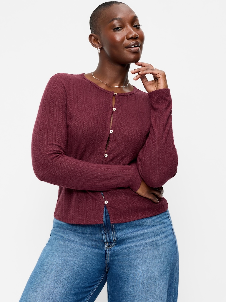 Long-Sleeve Button-Front Pointelle Top