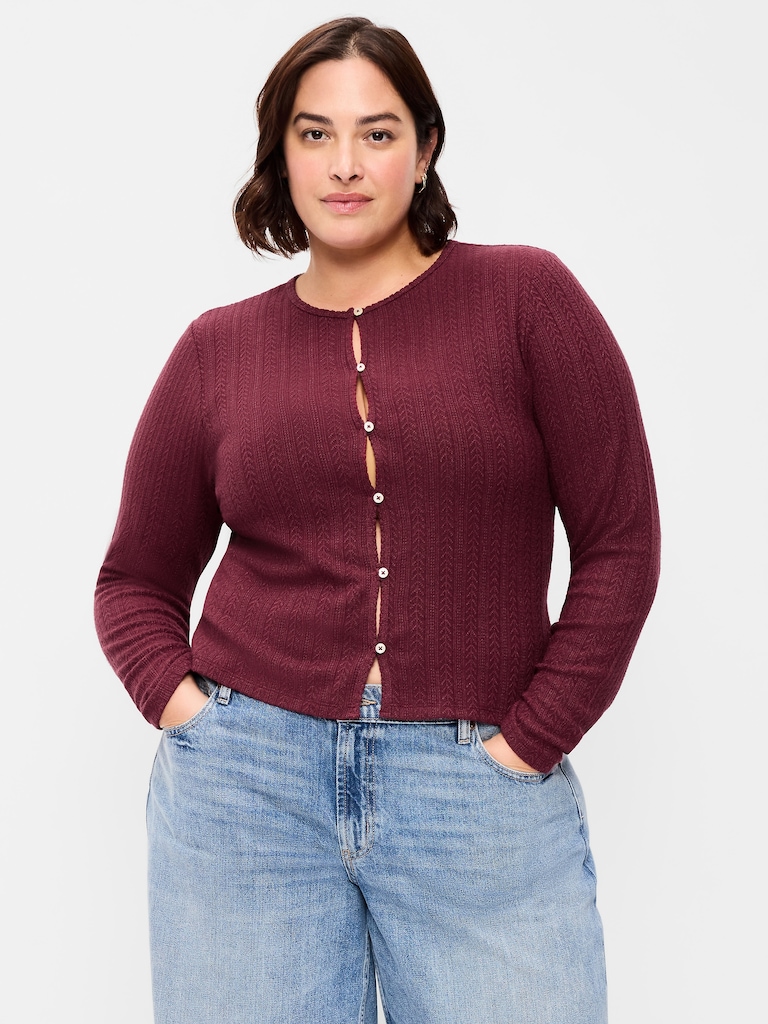 Long-Sleeve Button-Front Pointelle Top