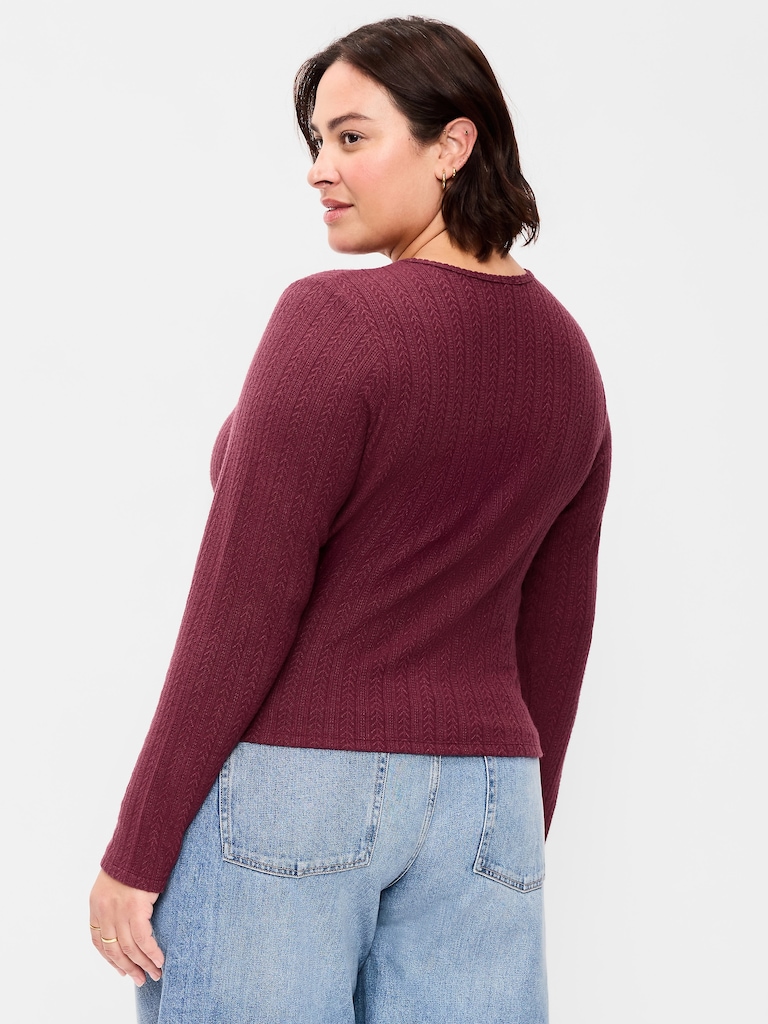 Long-Sleeve Button-Front Pointelle Top