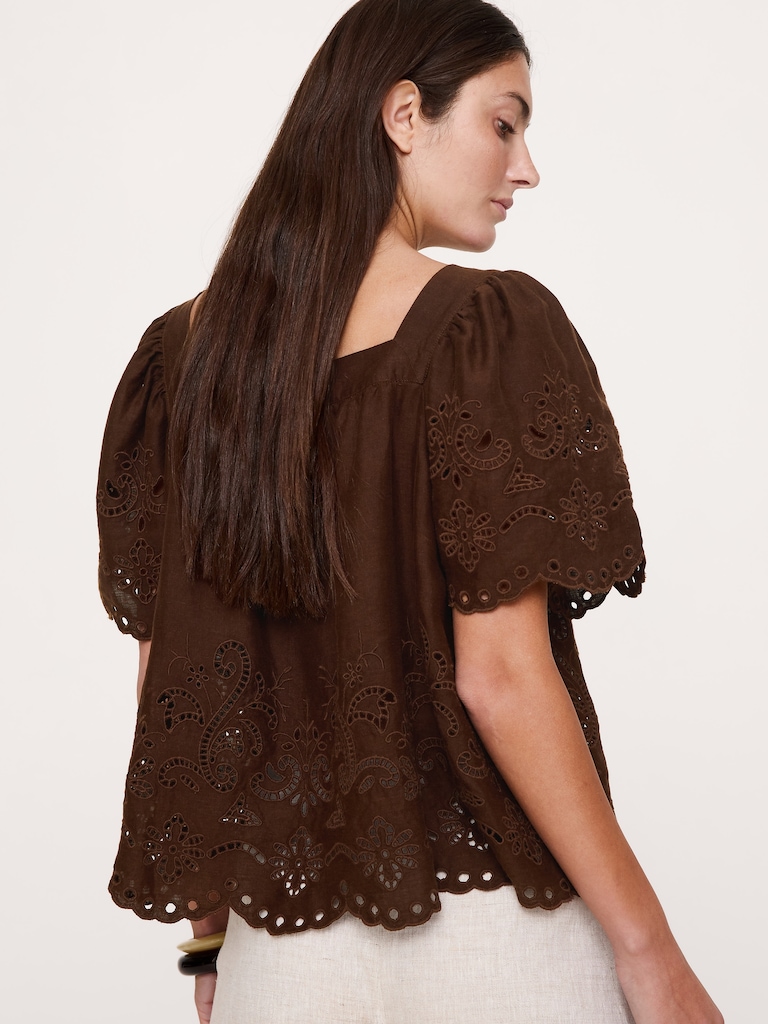 Linen Eyelet Square-Neck Top