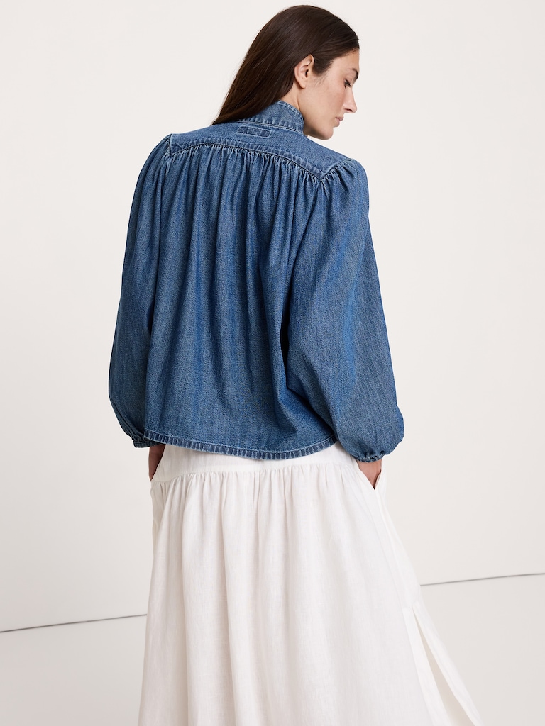 Denim Ruched-Shoulder Shirt