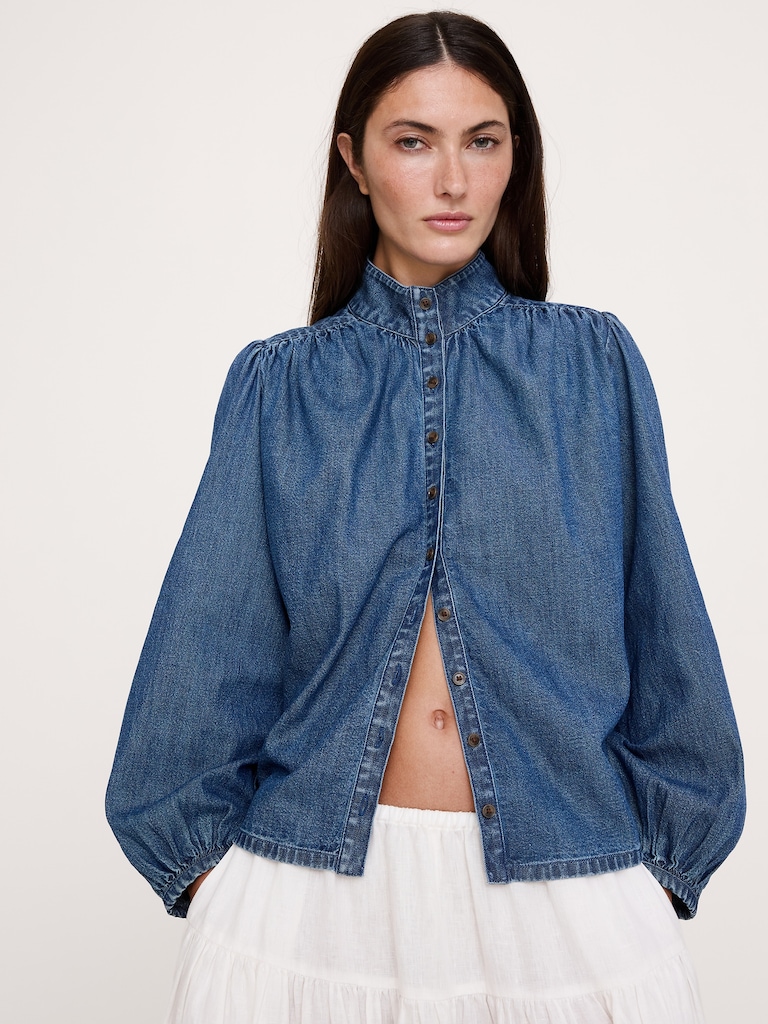 Denim Ruched-Shoulder Shirt