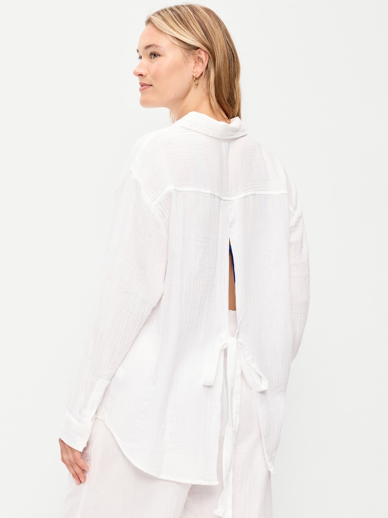 Open-Back Crinkle Gauze Button-Down Shirt