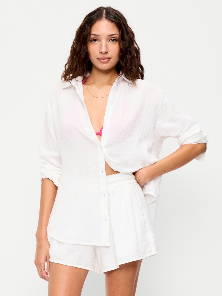 Open-Back Crinkle Gauze Button-Down Shirt