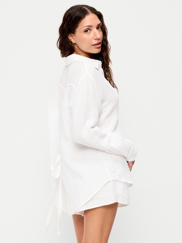 Open-Back Crinkle Gauze Button-Down Shirt