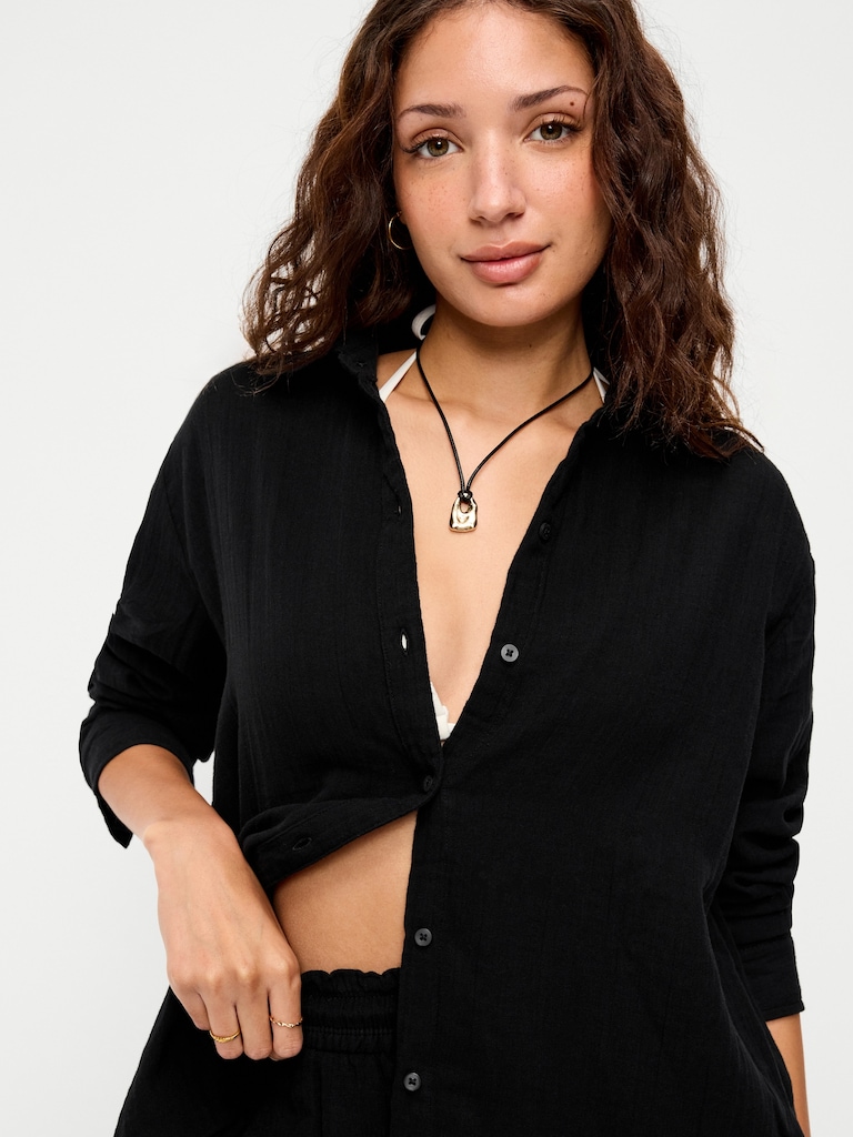 Open-Back Crinkle Gauze Button-Down Shirt