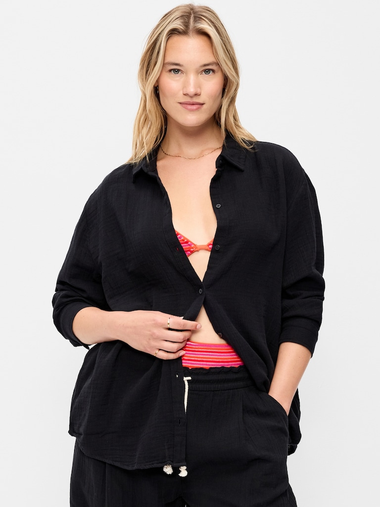 Open-Back Crinkle Gauze Button-Down Shirt