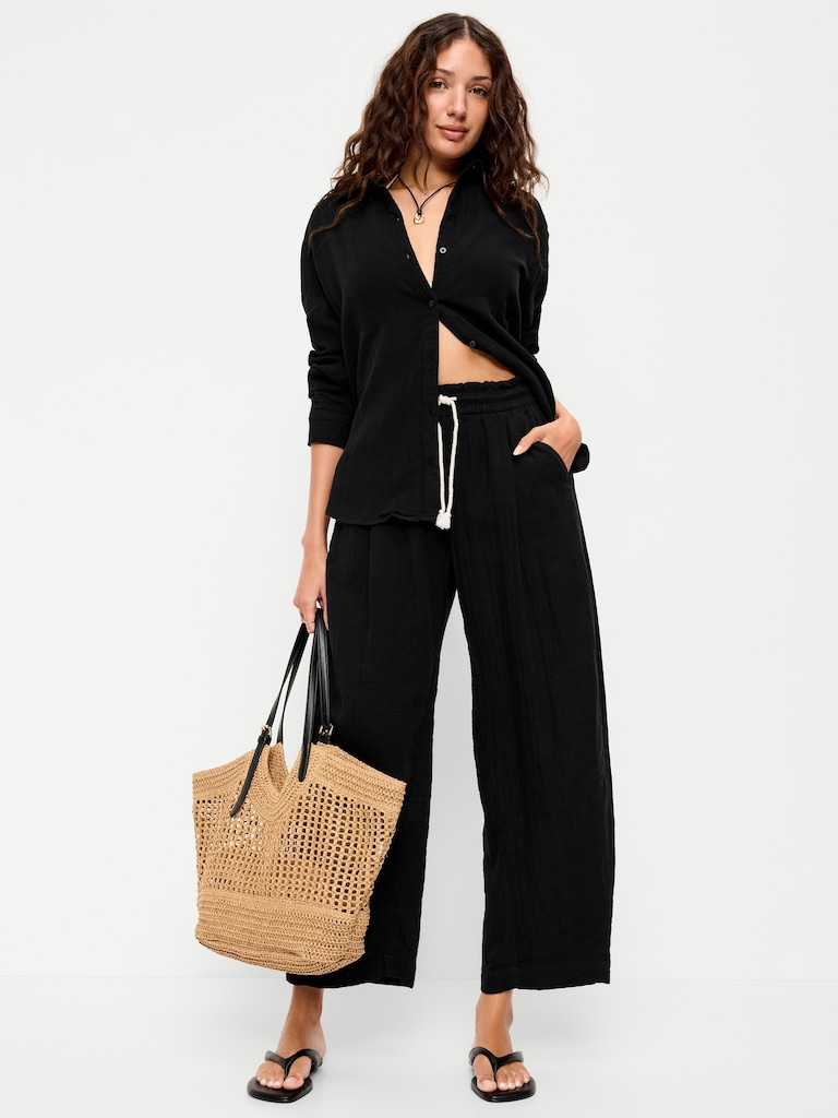 Open-Back Crinkle Gauze Button-Down Shirt