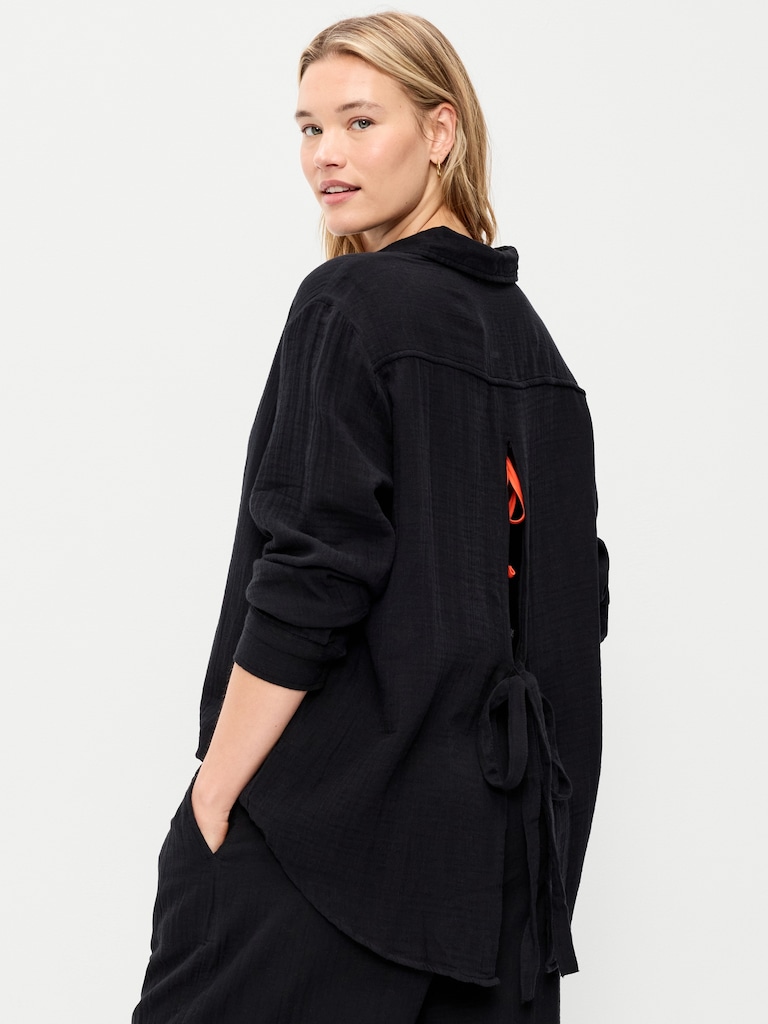 Open-Back Crinkle Gauze Button-Down Shirt