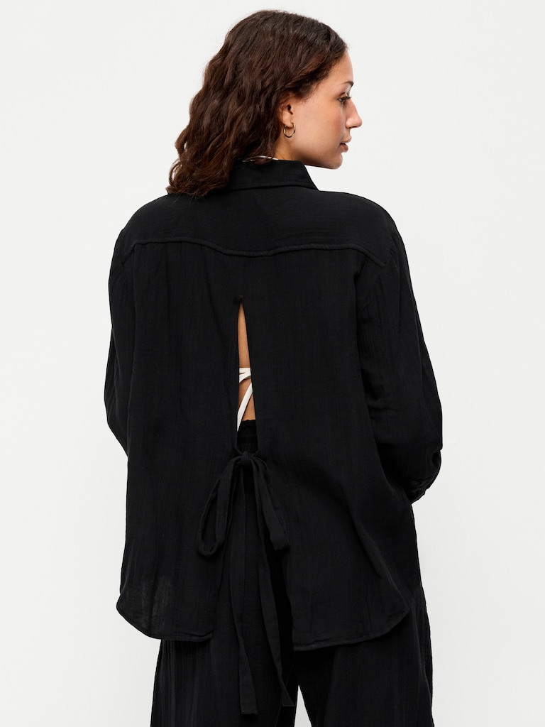 Open-Back Crinkle Gauze Button-Down Shirt