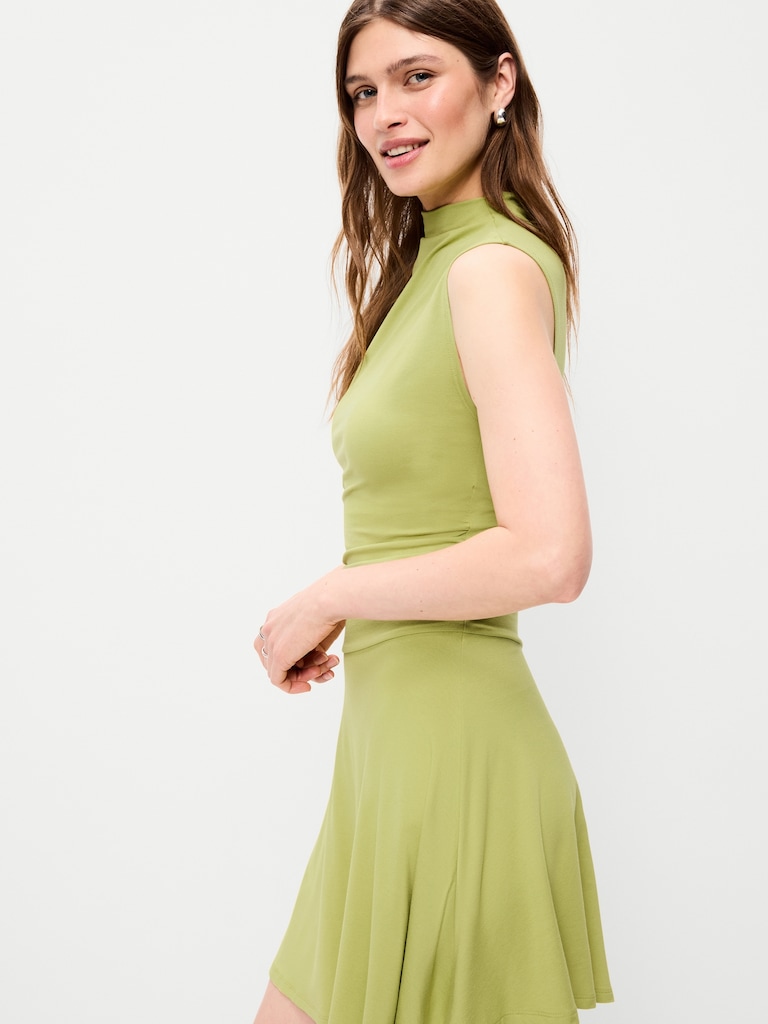 Gathered Mock-Neck Drop-Waist Mini Dress