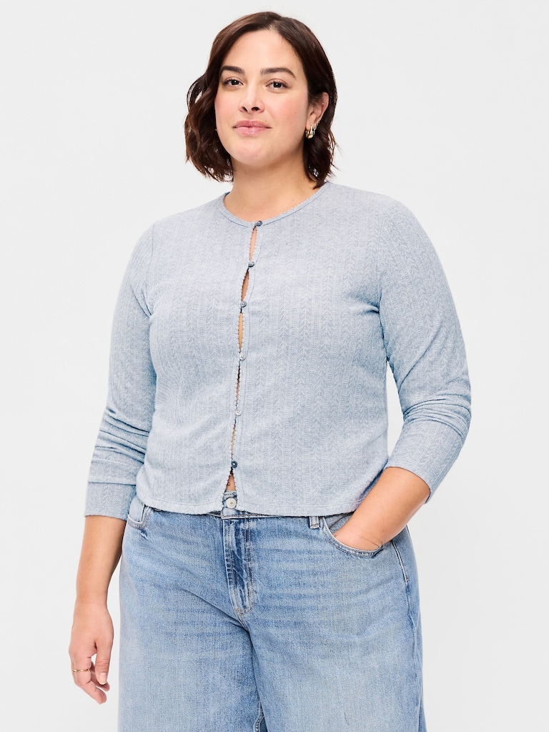 Long-Sleeve Button-Front Pointelle Top