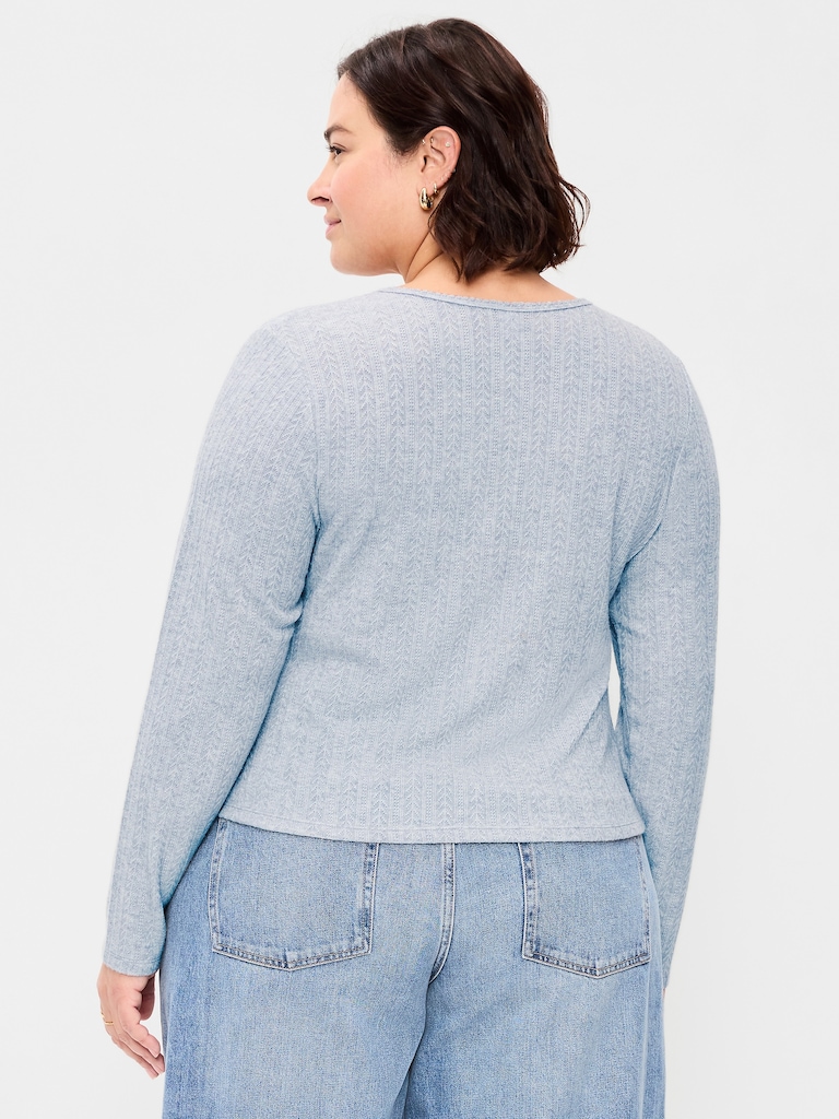 Long-Sleeve Button-Front Pointelle Top