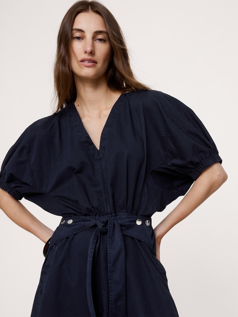 Cotton Twill Puff-Sleeve Midi Dress