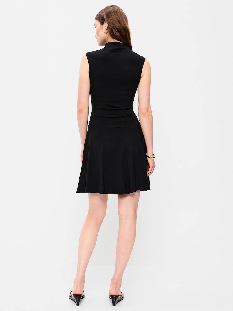 Gathered Mock-Neck Drop-Waist Mini Dress